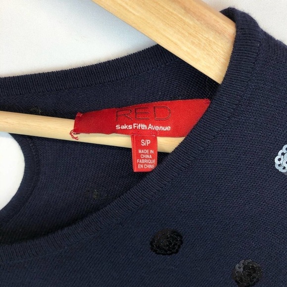 Saks Fifth Avenue Navy Blue Keyhole Sweater Sequin Polka Dot Long Sleeve Top S - Picture 2 of 5